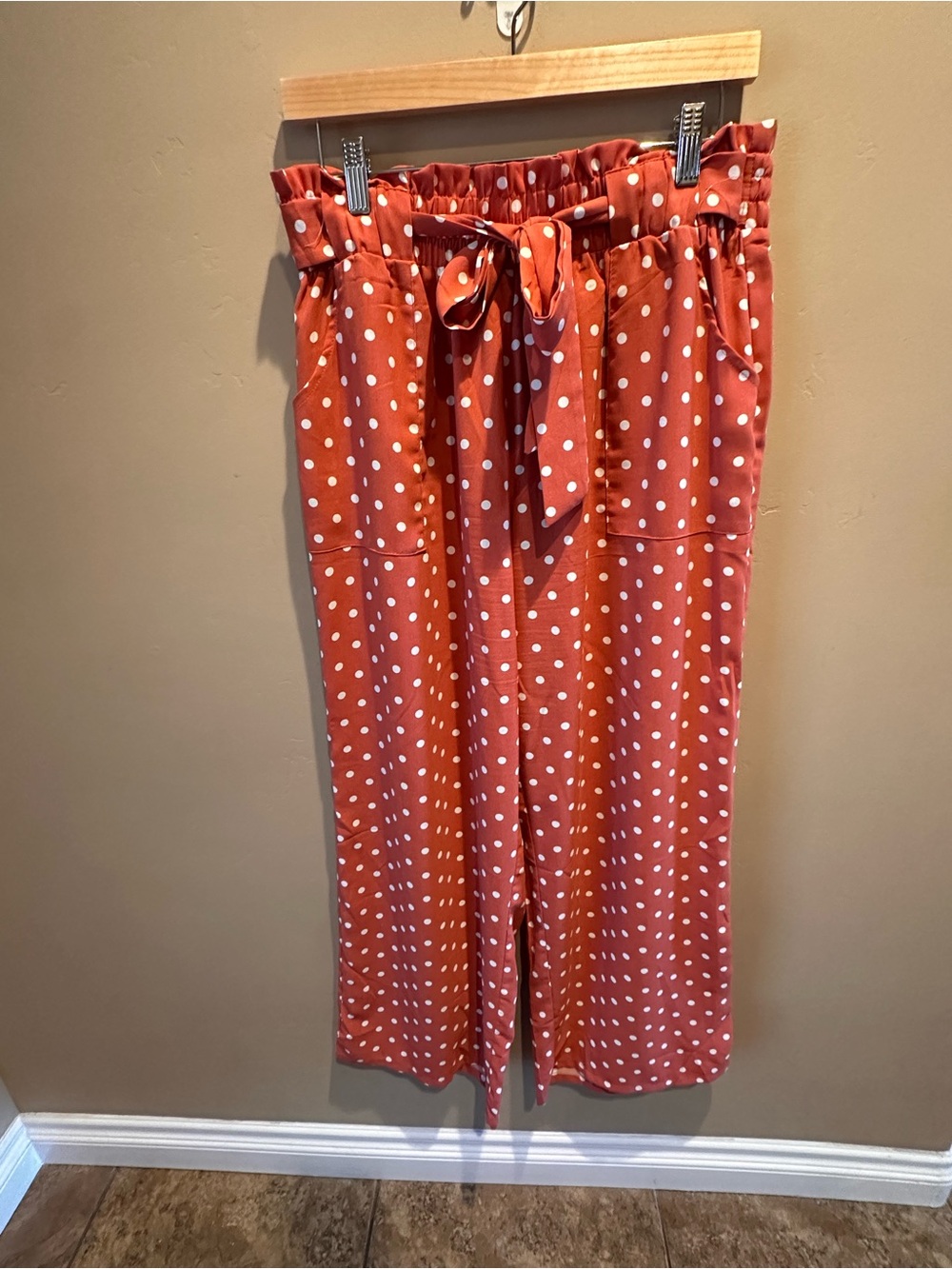 Iwollence Rust Orange Polka Dot Paperbag Waist Wide Leg Crop Culotte Pants XL